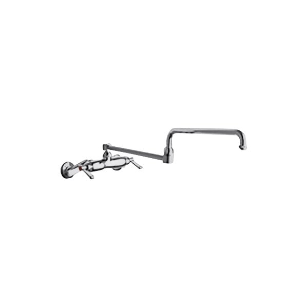 A Chicago Faucets wall-mounted faucet with a handle and a double-jointed swing spout.
