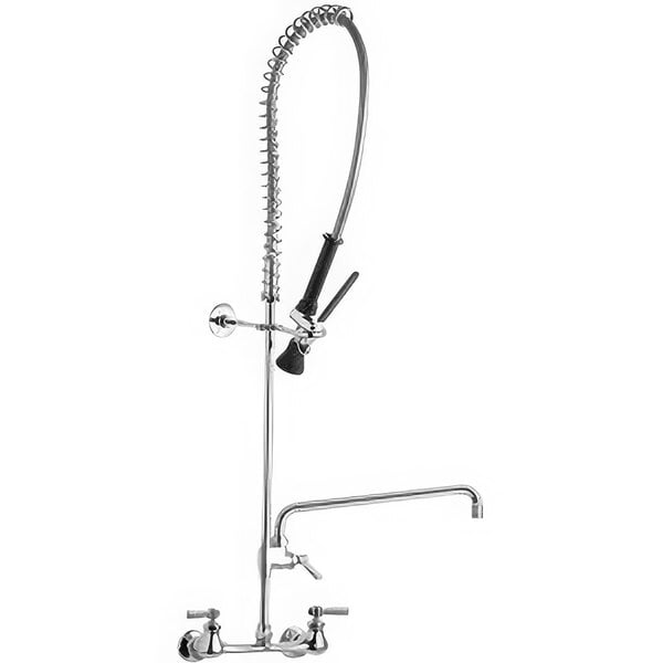 A Chicago Faucets chrome wall-mounted pre-rinse faucet with a hose.