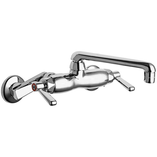 A Chicago Faucets chrome wall-mounted faucet with two handles.