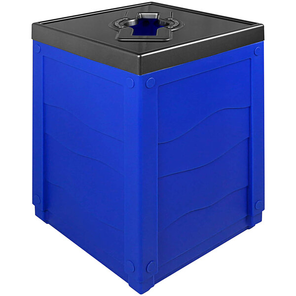 A blue Busch Systems square box with a black lid.