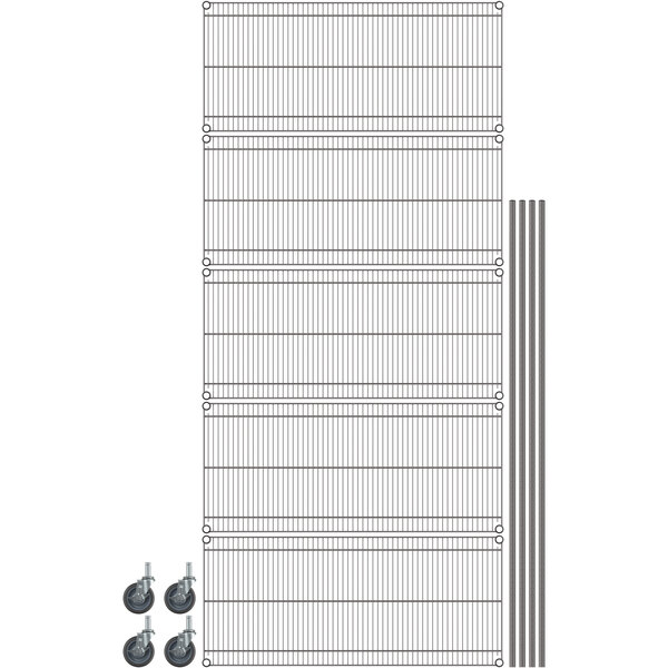 A Metro gray wire shelving unit with wheels.