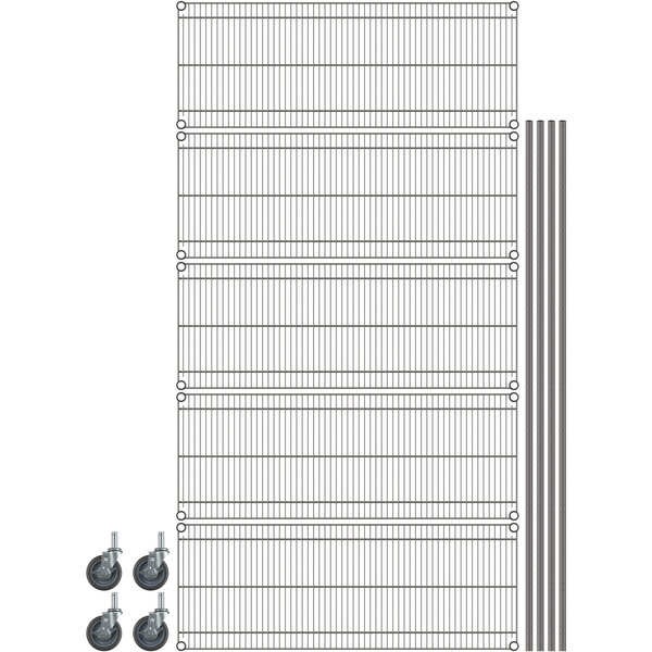 A gray Metro Mobile Shelving Unit with wheels and wire shelves.