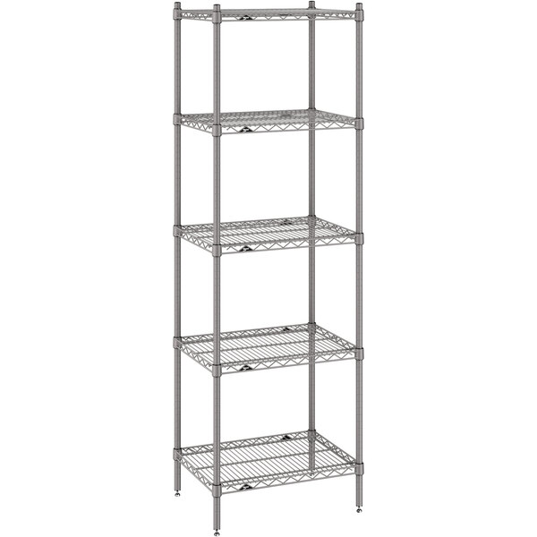 A gray Metro wire shelving unit with four shelves.