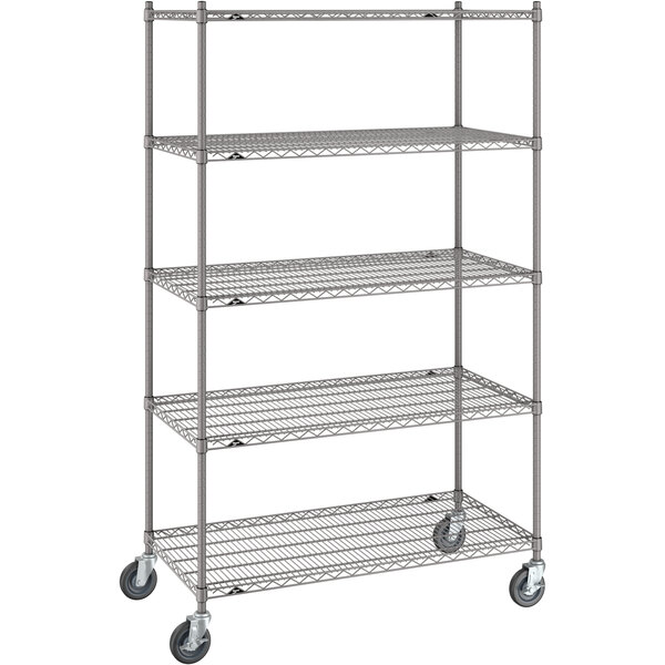 A gray Metro wire shelving unit with wheels.