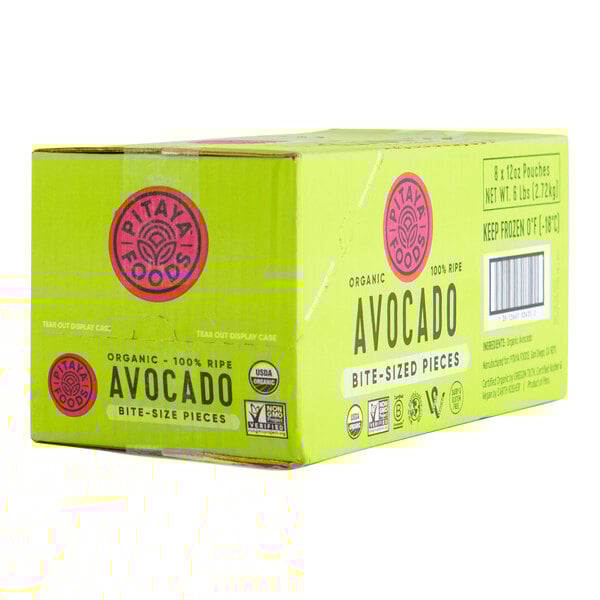 A green box of Pitaya Foods IQF organic avocado pieces with black text and a red logo.