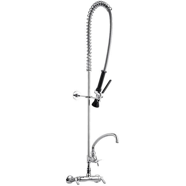 A Chicago Faucets chrome wall-mounted pre-rinse faucet with a hose and sprayer.