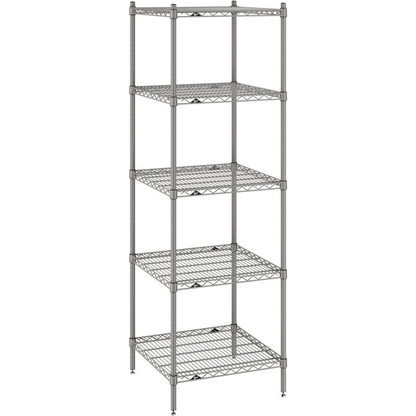 A Metro Super Erecta gray wire shelving unit with four shelves.