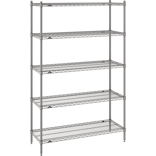 A Metro Super Erecta gray wire shelving unit with four shelves.