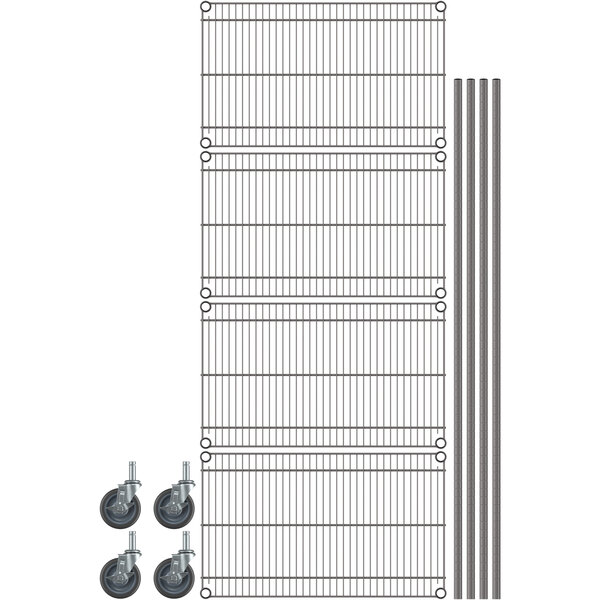 A Metro gray wire shelving unit on wheels.