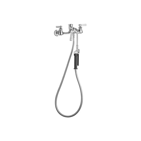 A Chicago Faucets wall-mounted pot and kettle filler with a hand pump.