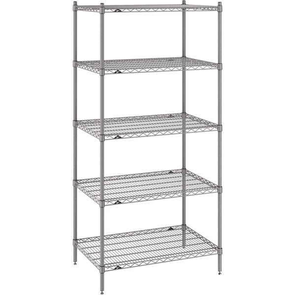 A Metro gray wire shelving unit with four shelves.