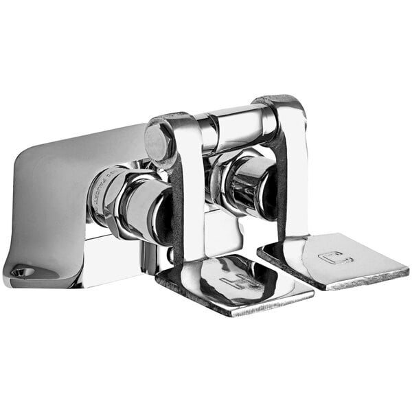 A close-up of a Chicago Faucets foot-operated remote valve with short pedals.
