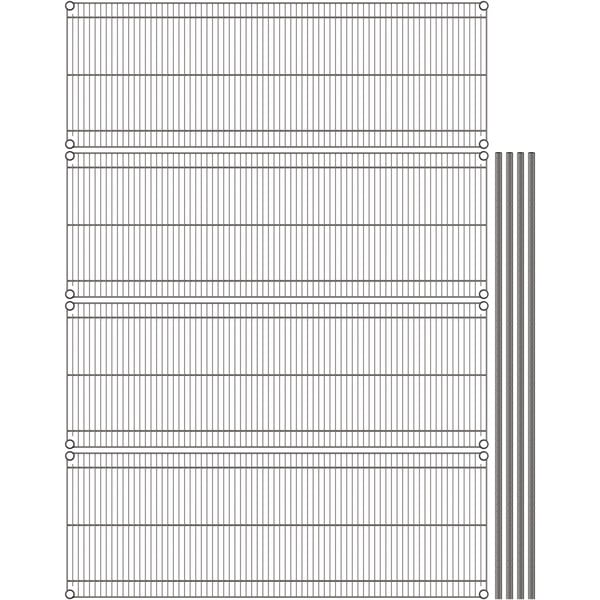 A gray Metro wire shelving unit with a black background.
