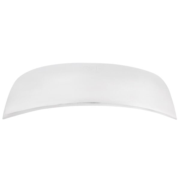 A Vollrath stainless steel curved platter with a white background.