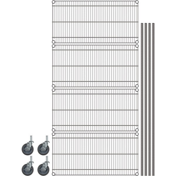 A gray Metro wire shelving unit on wheels with metal rods.