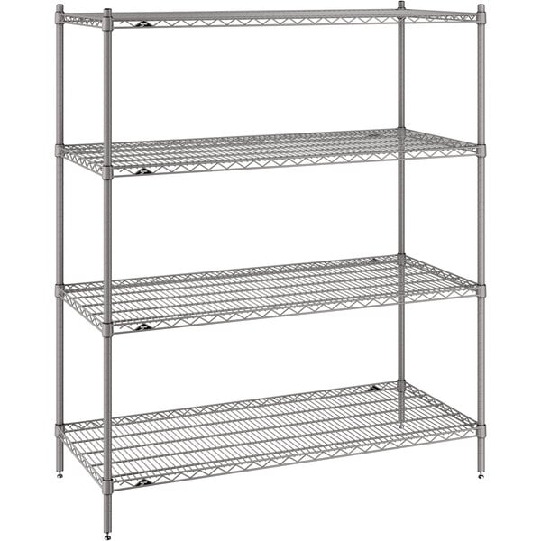 A Metro gray wire shelving unit with three shelves.