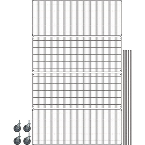 A gray Metro wire shelving unit with wheels.