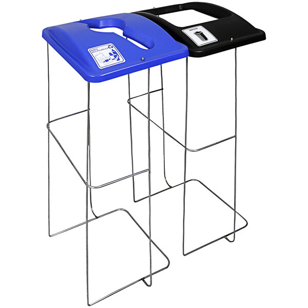A Busch Systems wire two stream mixed recyclables and waste event receptacle with blue and black plastic trash cans.