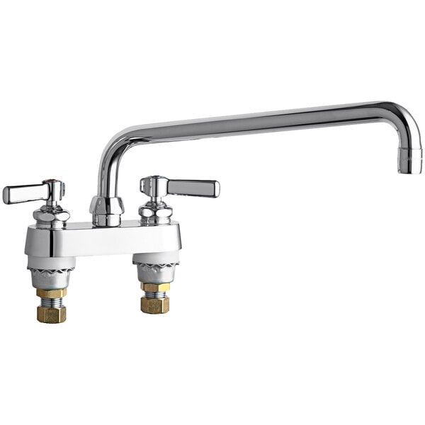 A chrome Chicago Faucets deck-mounted faucet with two lever handles.