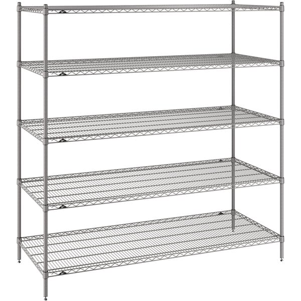 A Metro Super Erecta gray wire shelving unit with four shelves.