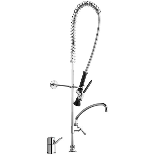 A Chicago Faucets pre-rinse faucet with a chrome finish and hose.