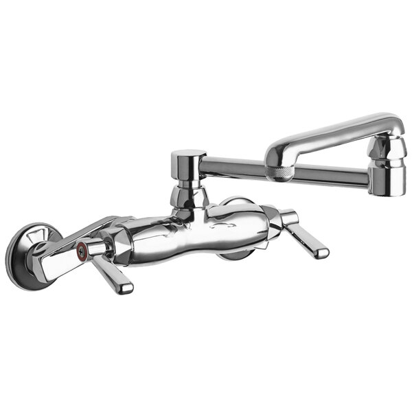 A Chicago Faucets wall-mounted faucet with a handle and double-jointed swing spout in chrome.