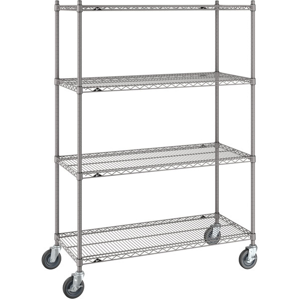 A gray Metro Super Erecta metal shelving unit with wheels.