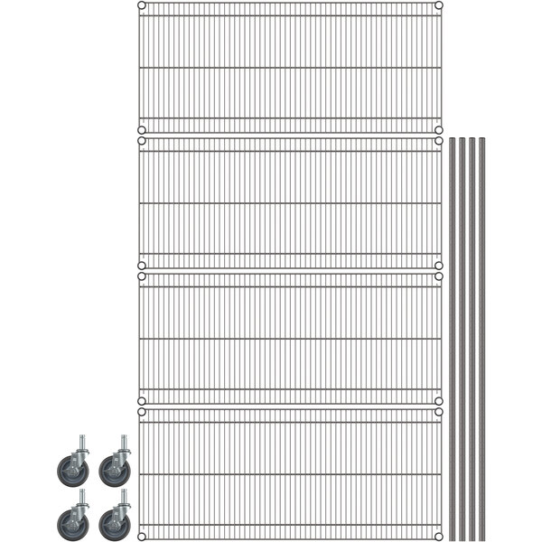 A Metro gray wire shelving unit with wheels.