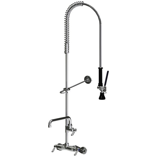 A Chicago Faucets chrome wall-mounted pre-rinse faucet with a hose.