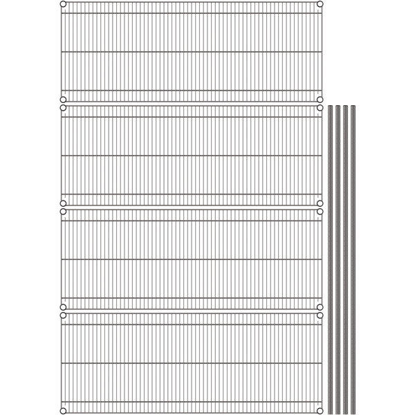A wire shelving unit kit with gray metal wire shelves and poles.