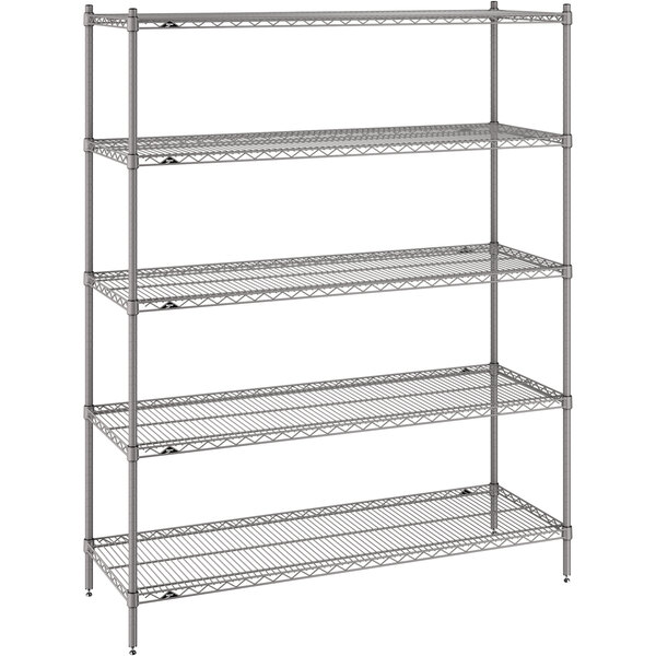 A Metro Super Erecta gray wire shelving unit with four shelves.