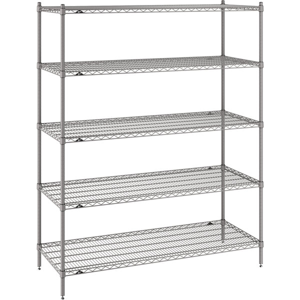 A gray Metro wire shelving unit with four shelves.