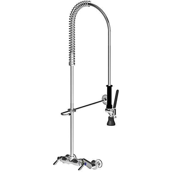 A Chicago Faucets wall-mounted pre-rinse faucet with a chrome flexible hose.