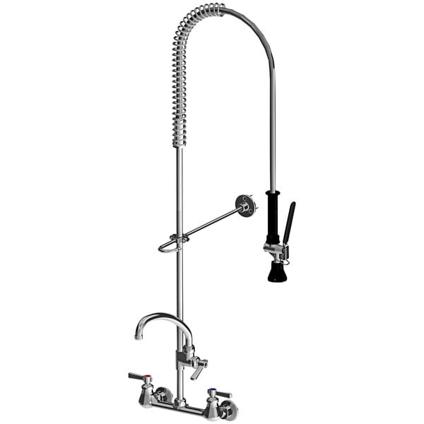 A Chicago Faucets chrome wall-mounted pre-rinse faucet with a hose.