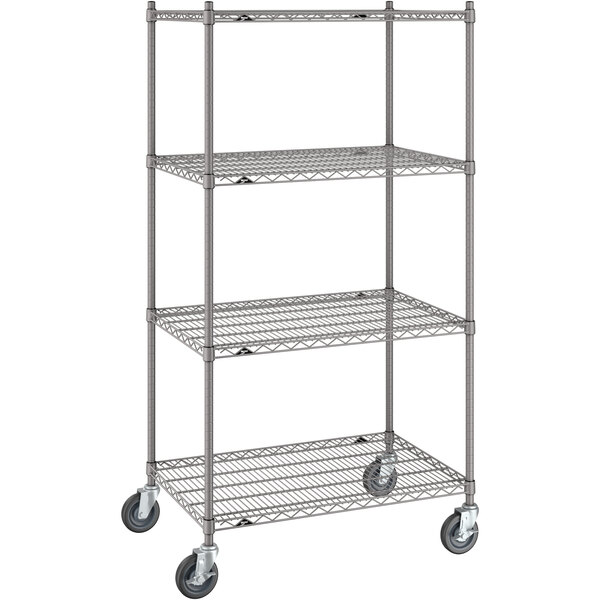 A gray Metro Super Erecta wire shelving unit kit on wheels.