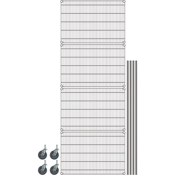 A gray Metro mobile wire shelving unit with wheels.