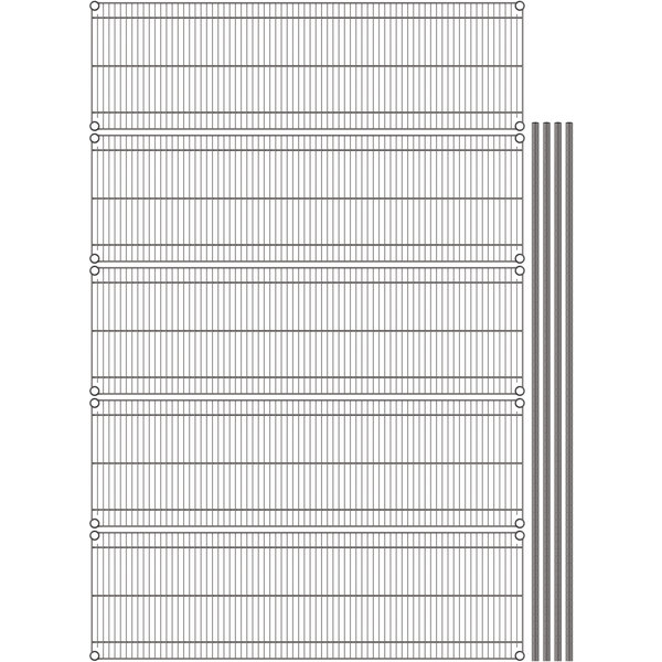 A gray wire shelving unit with black metal rods.
