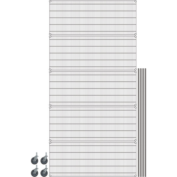 A gray Metro wire shelving unit with wheels.