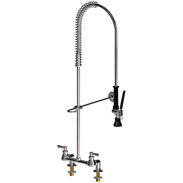A Chicago Faucets deck-mounted pre-rinse faucet with a curved hose and sprayer tube.