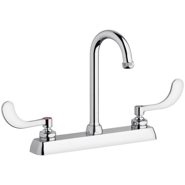 A silver Chicago Faucets deck-mounted faucet with two handles.