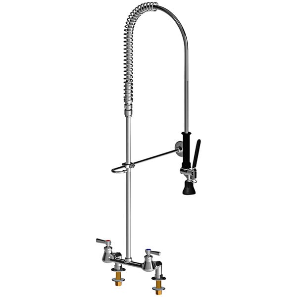 A Chicago Faucets deck-mounted pre-rinse faucet with a curved handle and hose sprayer.