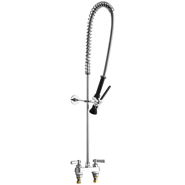 A Chicago Faucets chrome deck-mounted pre-rinse faucet with a hose and sprayer.