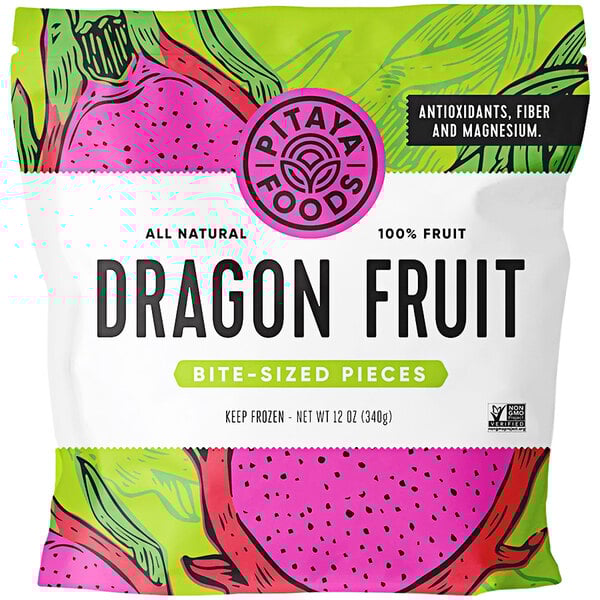 A bag of Pitaya Foods IQF Organic Dragon Fruit Cubes on a white surface.