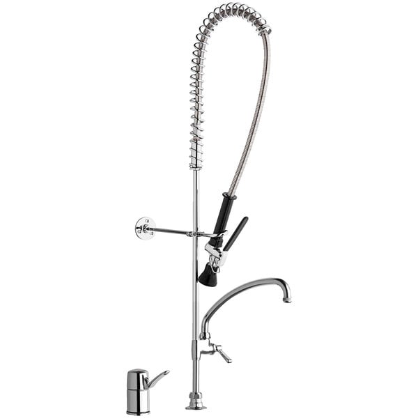 A Chicago Faucets chrome pre-rinse faucet with a hose and remote valve.