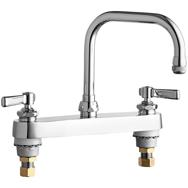 A silver Chicago Faucets deck-mounted faucet with double-bend spout and two handles.