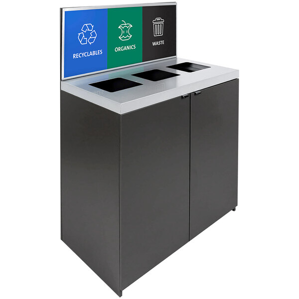 A Busch Systems Sessanta multi-stream trash can with compartments for recyclables, organics, and waste.