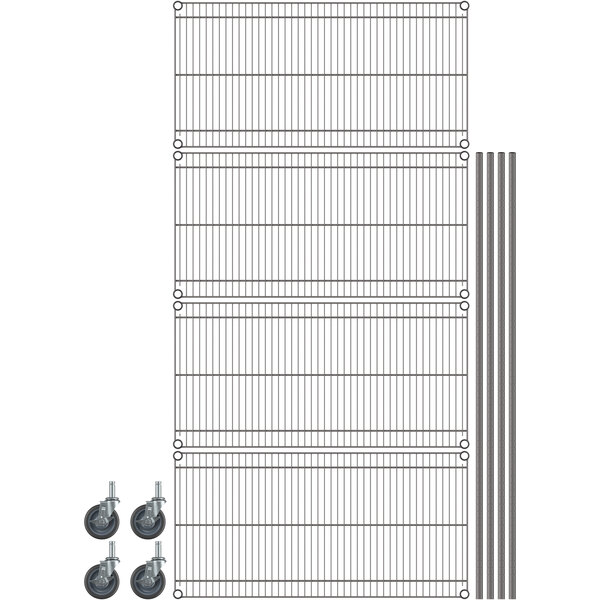 A gray Metro wire shelving unit with wheels.