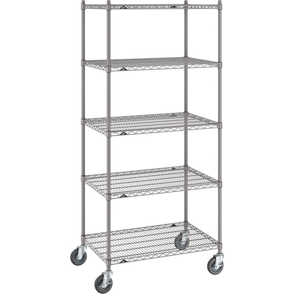 A gray Metro Super Erecta metal shelving unit with wheels.