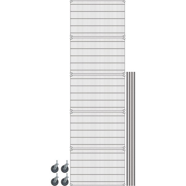 A Metro Super Erecta mobile wire shelving unit with gray wire mesh shelves and wheels.