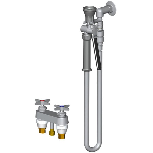 A Chicago Faucets deck-mounted pre-rinse faucet with two handles and a hose.